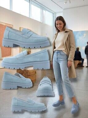 Yellow Women's Charme Powder Blue Vegan Platform Penny Loafers